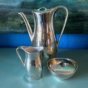 Unique Silver on Ceramic Tea/Coffee Set with Creamer and Sugar